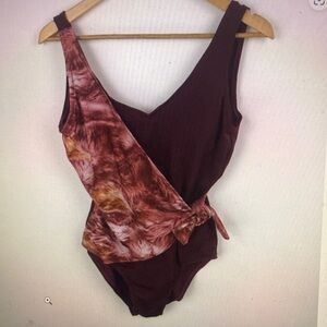 Nicole K Cross Front Scoop Back One Piece Swimwear Wine Red Plus Size 16